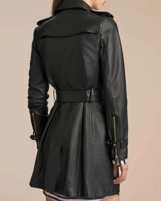 Women’s Mid-Length Double Breasted Black Leather Coat