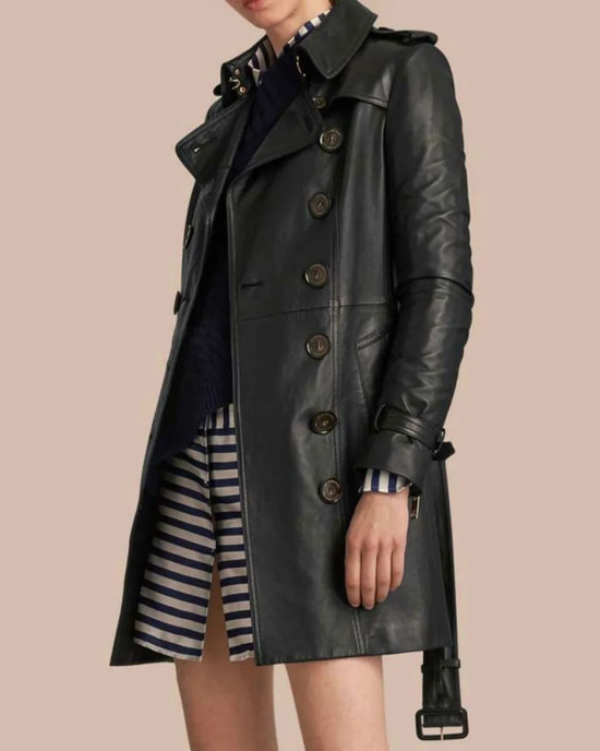 Women’s Mid-Length Double Breasted Black Leather Coat Women’s Mid-Length Double Breasted Black Leather Coat