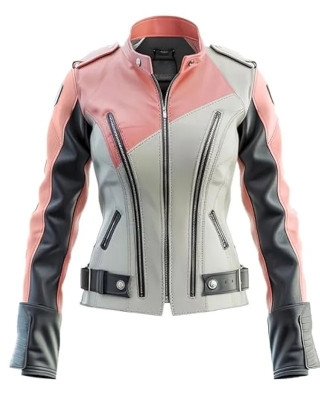 Women’s Peach Pink and Black Biker Leather Jacket
