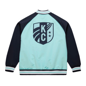 Wordmark Kansas City Current Teal and Navy Varsity Satin Jacket