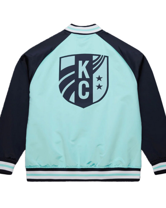 Wordmark Kansas City Current Teal and Navy Varsity Satin Jacket