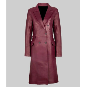 Zendaya Style Burgundy Double-Breasted Leather Trench Coat