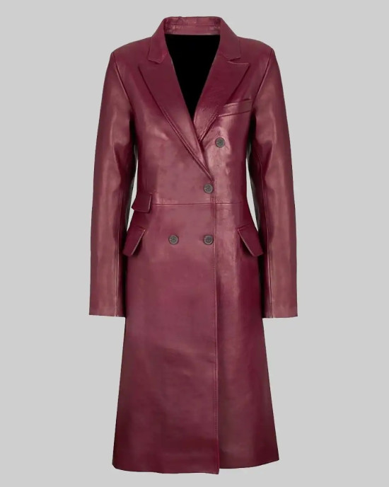 Zendaya Style Burgundy Double-Breasted Leather Trench Coat Zendaya Style Burgundy Double-Breasted Leather Trench Coat