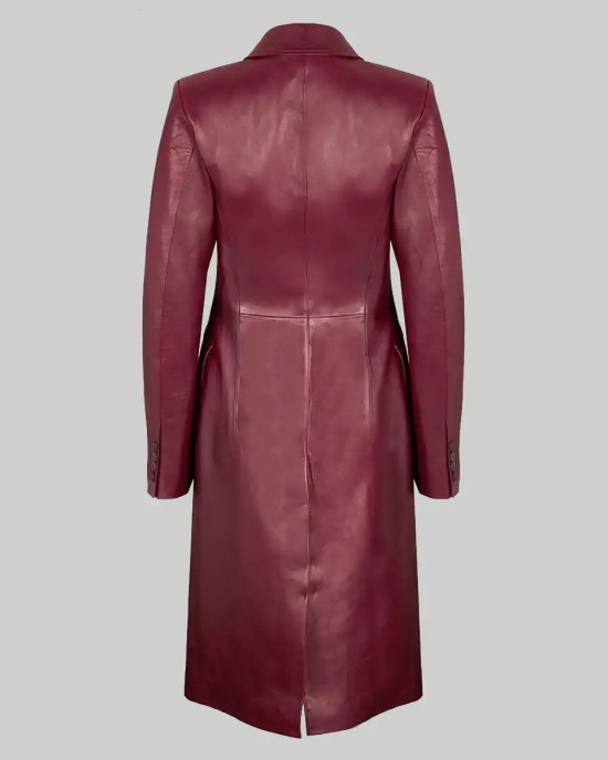 Zendaya Style Burgundy Double-Breasted Leather Trench Coat Zendaya Style Burgundy Double-Breasted Leather Trench Coat