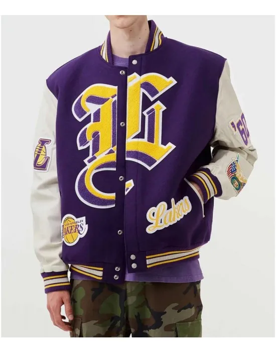 LA Lakers Letterman Purple Wool and White Leather Jacket