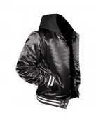 Mens Casual Black Bomber Satin Hooded Varsity Jacket