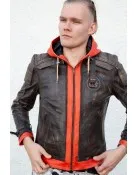 Mens Goku Orange Hood Brown Leather Costume Jacket