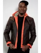 Mens Goku Orange Hood Brown Leather Costume Jacket