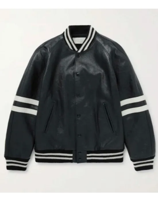 Men’s Homme Striped Black Leather Bomber Jacket