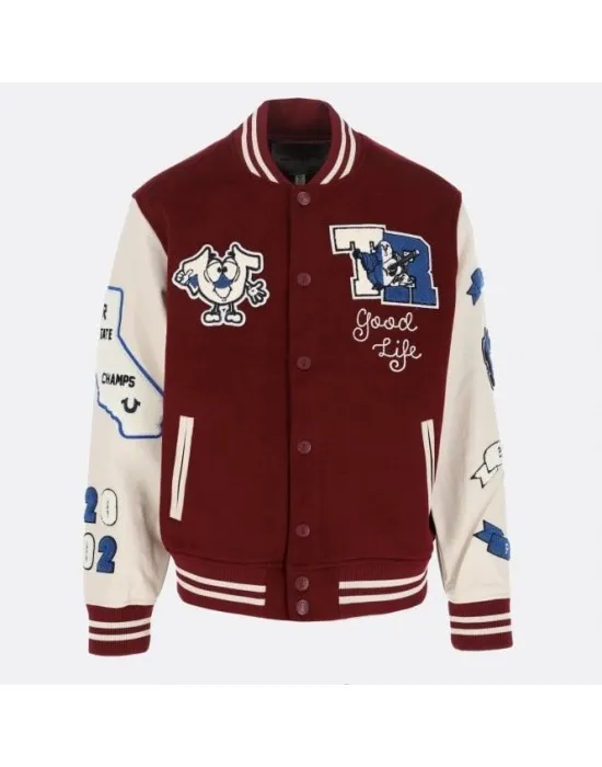 True Religion Maroon Wool And Leather Varsity Jacket