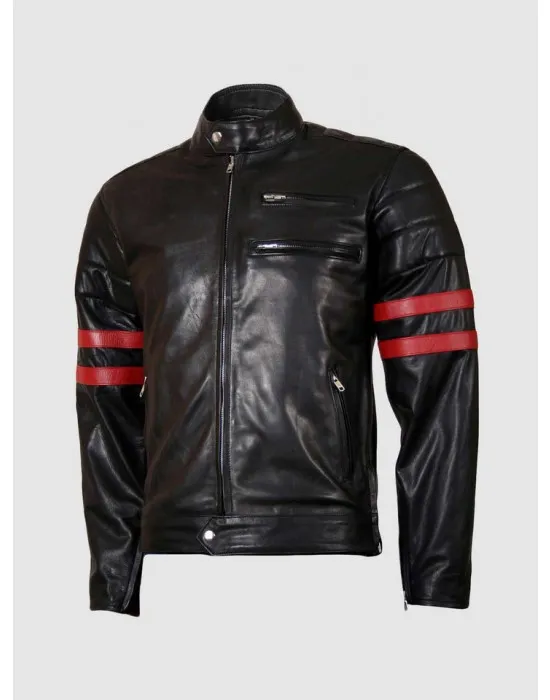 Biker Leather Jacket with Red Stripes