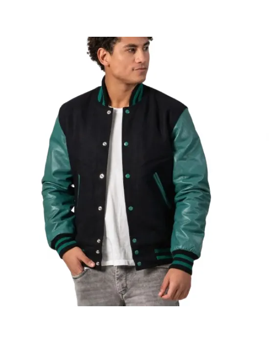 Black Melton Wool Body & Teal Leather Sleeves Letterman Jacket