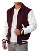 Maroon Body & White Sleeves Letterman Jacket With Byron Collar & Zipper