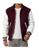 Maroon Body & White Sleeves Letterman Jacket With Byron Collar & Zipper