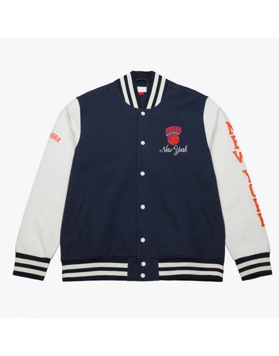 NY Knicks Navy and White Fleece Varsity Jacket
